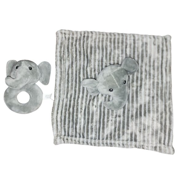 Lila and Jack Lovey White Gray Striped Elephant Security Blanket & Rattle Soft - Picture 1 of 5